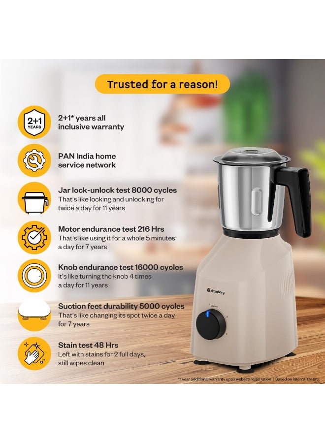 Atomberg Xiana 750 Watt Mixer Grinder | 3 Multipurpose Stainless Steel Jars | Coarse Mode for Silbatta-like Textures | Powerful Intelligent Motor | Easy Fault LED Indication | Seasand Ivory - Image 2